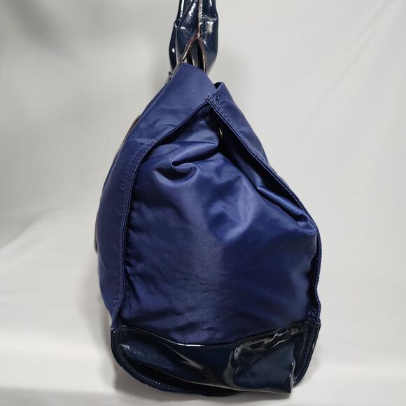Tory Burch Ella Nylon Tote Navy Blue Patent Trim Logo Large Shoulder Bag Purse - Picture 12 of 16